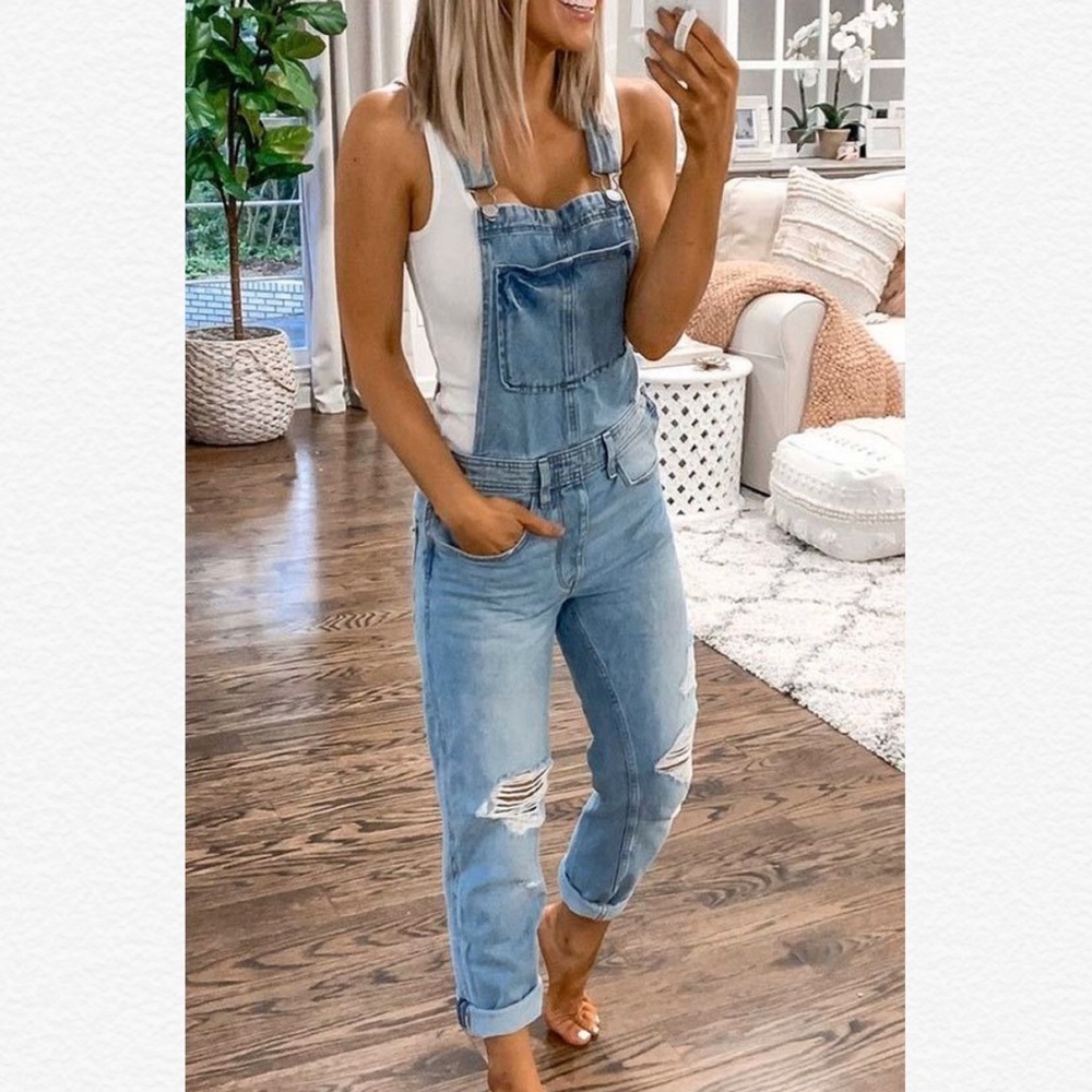 Blue Denim Ripped Overalls